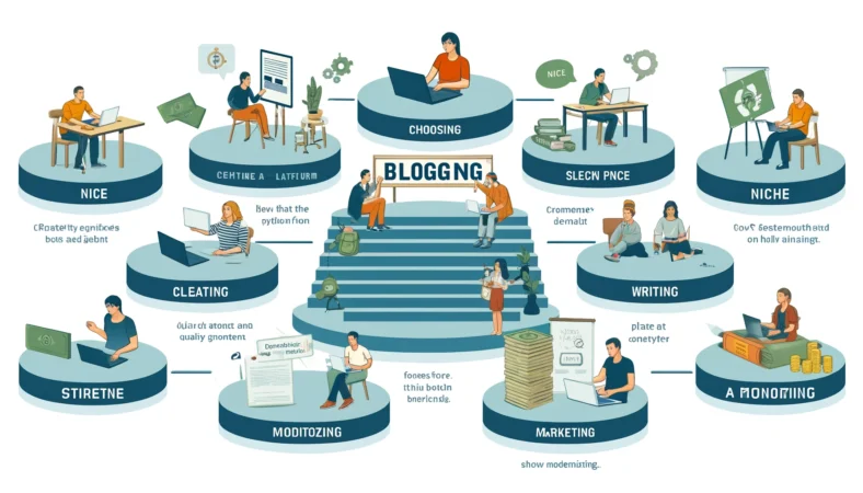 An illustration of the steps to succeed in blogging, highlighting key steps such as choosing a platform, selecting a niche, creating quality content, promoting the blog, and monetizing. The image should include people working on laptops, discussing niche topics, writing, marketing, and showing earnings. The image should be in a horizontal layout and visually appealing with a modern design.