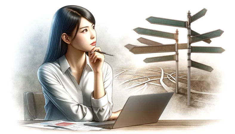 A realistic illustration of a Japanese woman making a choice, thoughtfully considering her options. The woman is shown in a modern setting, perhaps with a laptop and some notes, appearing deep in thought as she weighs different paths or decisions. The background should include subtle hints of various choices like different paths or signposts. The image should be horizontal and visually appealing with a clean, modern design.