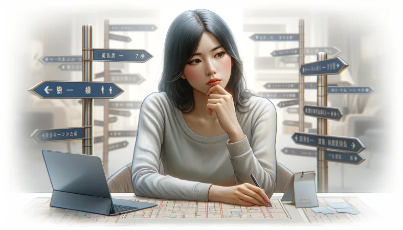 A very realistic illustration of a Japanese woman making a difficult choice, thoughtfully considering her options. The woman is shown in a modern, well-lit setting, perhaps with a laptop and some notes, appearing deep in thought as she weighs different paths or decisions. The background should subtly include hints of various choices, like different paths or signposts, to visually represent the decision-making process. The image should be horizontal and visually appealing with a clean, modern design.