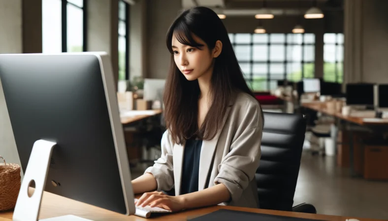 A young Japanese woman working on a computer in a modern office. She is dressed in casual professional attire and focused on her screen. The background shows a contemporary office setting with desks, chairs, and some office decor.