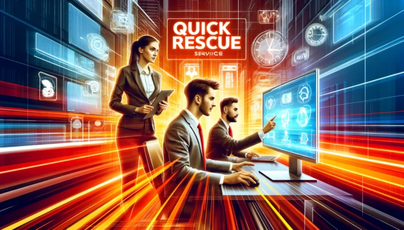 A vibrant image representing 'Quick Rescue' service. Show a young professional team in a modern office environment, quickly and efficiently fixing technical issues on a computer. The background should include elements such as computer screens, technical tools, and a bright, clean office space. Emphasize speed and efficiency in the image, with dynamic poses and focused expressions.