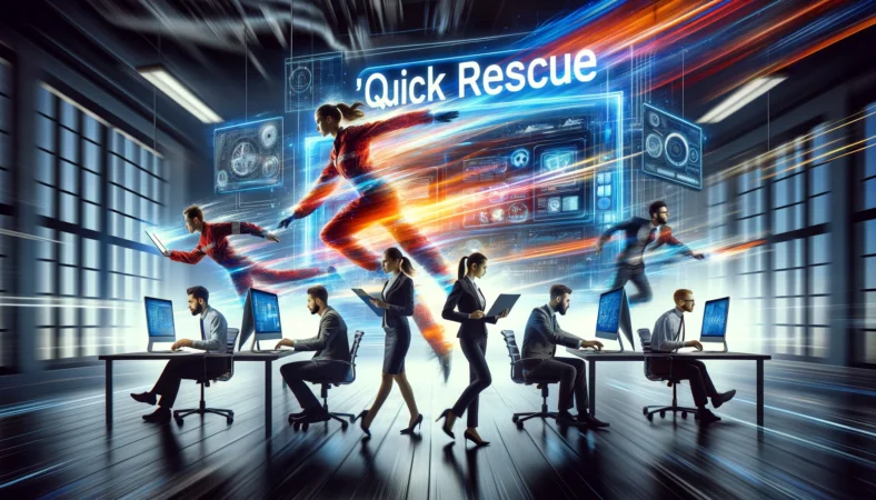 A dynamic and vibrant image representing 'Quick Rescue' service. Show a young, energetic team of professionals working together in a sleek, modern office environment, swiftly solving technical issues on computers. The background should feature computer screens, technical tools, and a clean, bright office space. Highlight the theme of speed and efficiency with dynamic poses, focused expressions, and a sense of urgency.