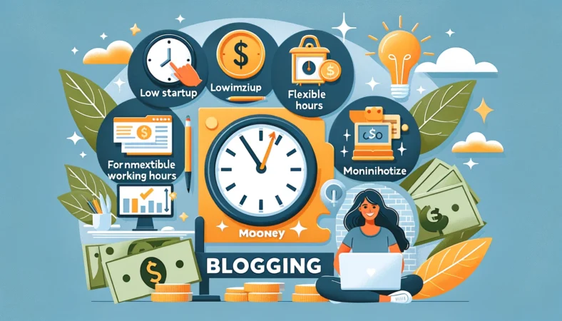 An illustration of choosing blogging as a side hustle, highlighting reasons such as low startup costs, flexible working hours, and the ability to monetize one's passion. The image should include icons representing a computer, a clock, money, and a person happily working on a laptop. The image should be in a horizontal layout and visually appealing with a modern design.