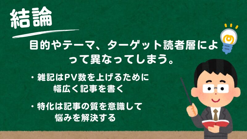 結論は目的やテーマ、ターゲット読者層によってことなる。